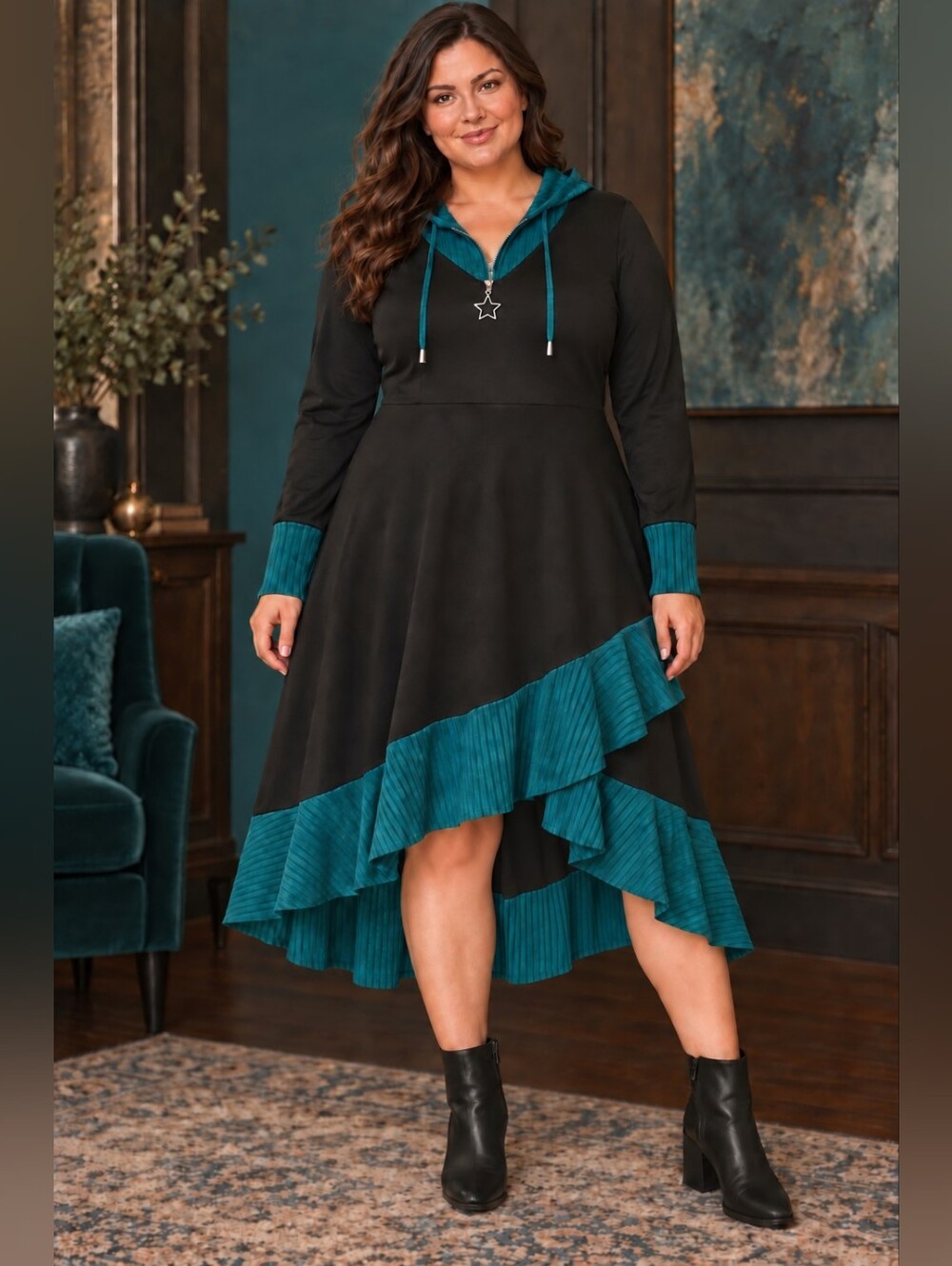 Women’s 1XL Black Teal Hooded High-Low Ruffle Dress NWOT